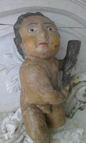 Antique wooden Putto,18th C ,wood with glass eyes
